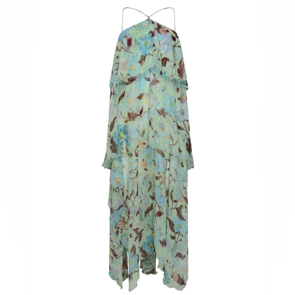 Stella McCartney Aqua Floral Tiered Halter Maxi Dress